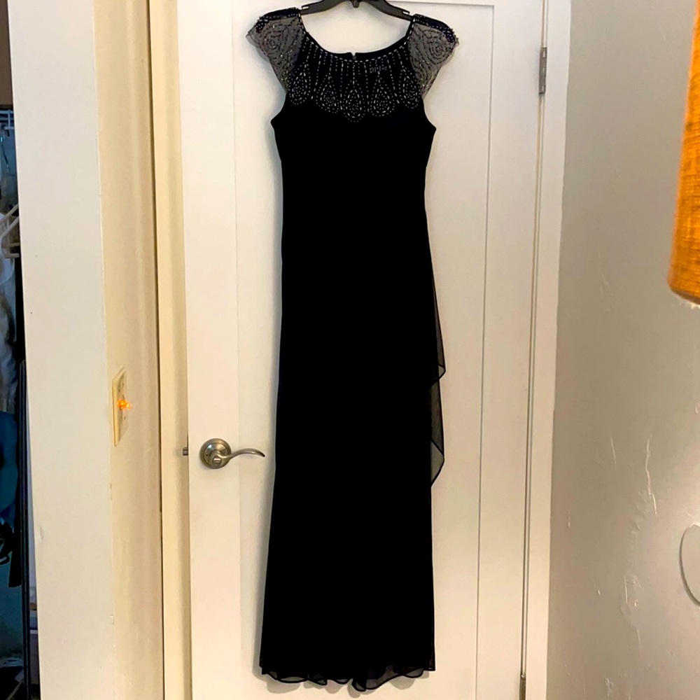 Formal navy blue floor length dress with beading